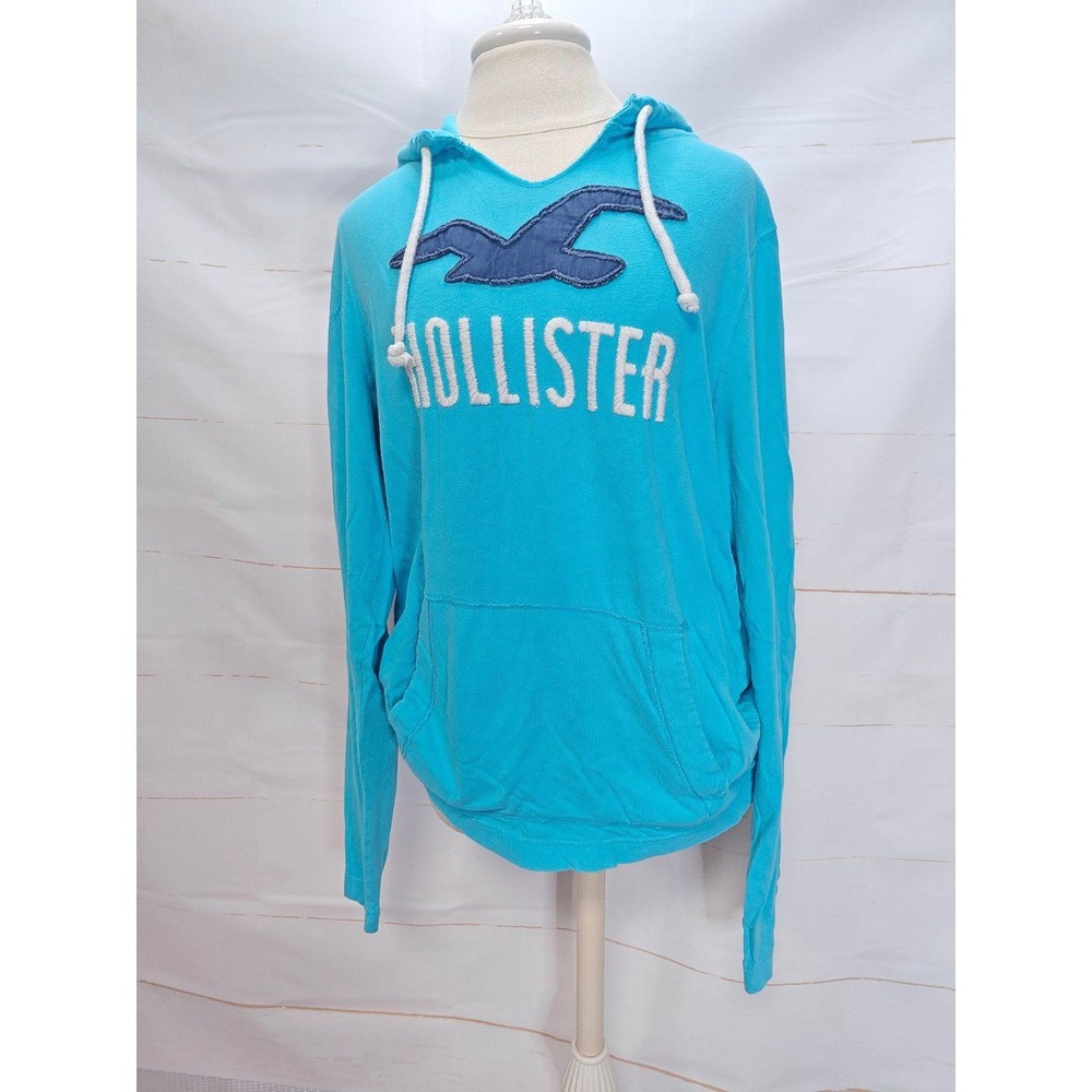 Y2K Hollister Surfer Hoodie Pullover Teal Blue Sz Women's XL Kangaroo Pocket